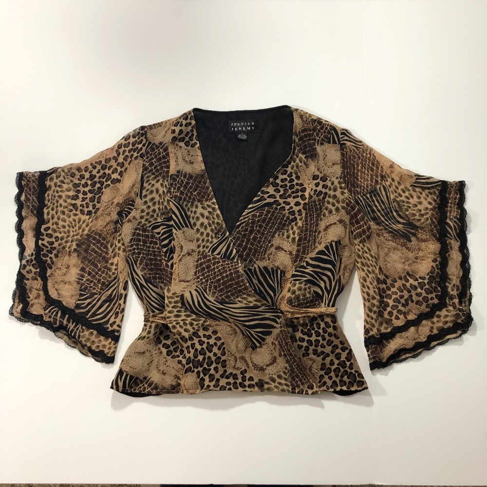 Spenser Jeremy 100% Silk Wrap Brown Animal Print Blouse